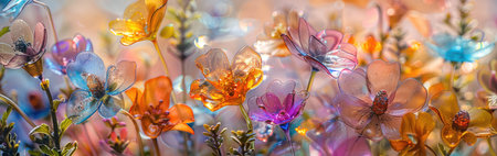 Colourful glass flowers with transparent petals, summer floral nature ethereal art. Vibrant holographic background.の素材