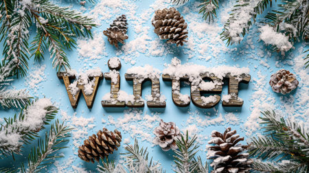 Word Winter on the snow surrounded by fir tree twigs and cones. Christmas and New Year seasonal theme.の素材