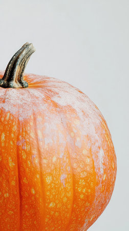 Pumpkin closeup isolated on white background. Ripe orange squash vertical image. Thanksgiving harvest season concept.の素材