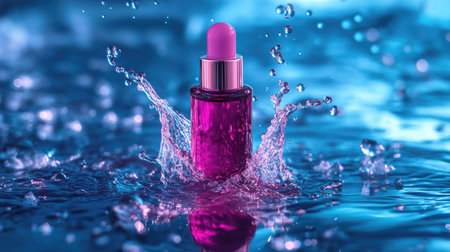 Purple cosmetic perfume spray bottle on the water surface with a splash. Makeup and skincare concept for beauty, healthcare and fashion industry.の素材