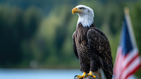 North American bald eagle with the USA flag, green forest and lake at the background. Symbol of freedom.の素材