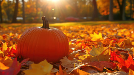 Orange pumpkin on colourful leaves with sunshine. Autumn card with copy space for text. Thanksgiving holiday background.の素材