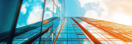 Low angle view of skyscraper with glass windows and blue sky background for business, trade and finance concept.の素材