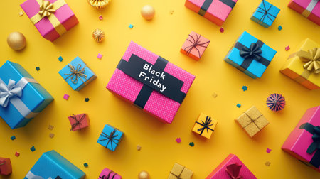 Black Friday text surrounded by colourful gift boxes with ribbons on yellow background. Discount sale conceptの素材
