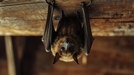 Brown bat hanging upside down under the wooden roof of a barn.の素材