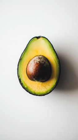 Avocado half isolated on white background. Fresh ripe cut green fruit with a pit.の素材