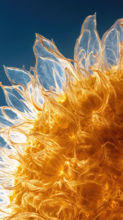 Solar prominence, solar flare and magnetic storms. Plasma flash on surface of a star. The sun on blue space background .の素材