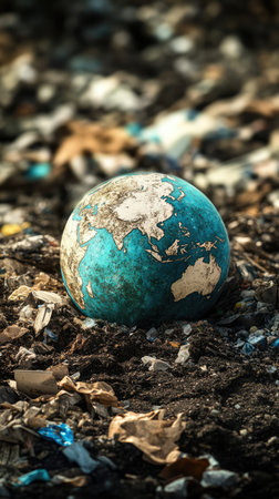 Earth globe in a landfill of plastic waste and garbage. Environmental pollution ecology concept.の素材