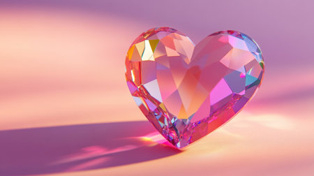 Crystal diamond heart with shadows on pink background. St. Valentine's day concept. Symbol of love and passion with copy space.の素材