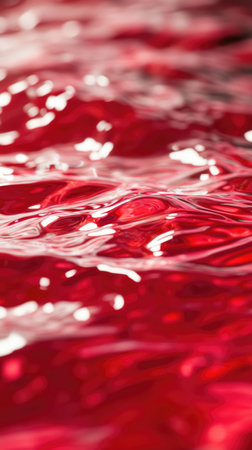 Red glossy holographic background design. Texture with smooth flowing wavy pattern and shiny light reflection effect.の素材