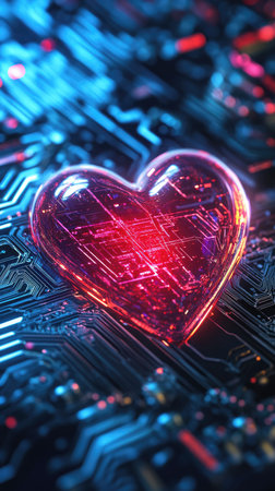 Red digital heart in cyberspace. Virtual reality, programming and information technology of the future. Artificial intelligence, code data and cybersecurity. St. Valentine's Day love concept.の素材