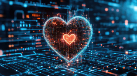 Digital hearts in cyberspace. Virtual reality, programming and information technology of the future. Artificial intelligence, code data and cybersecurity. St. Valentine's Day love concept.の素材