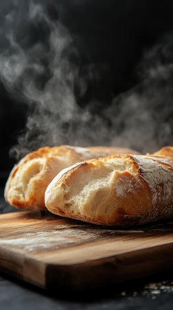 Freshly baked steaming wheat bread on wooden cutting board on black background. Hot home bakery.の素材