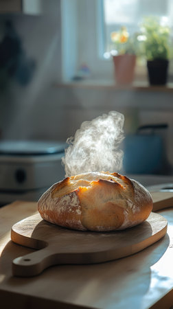 Freshly baked steaming wheat bread on wooden cutting board on table in the kitchen. Hot home bakery.の素材