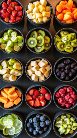 Fresh natural fruits and berries in bowls, top view. Organic fruits in restaurant kitchen.の素材