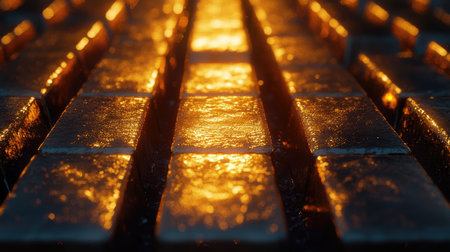 Rows of gold bars. Financial economy banking concept. Glittering shiny golden precious metal backgroundの素材