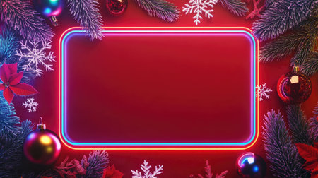 Christmas neon frame with snowflakes, baubles, garland and fir tree twigs on red background, copy space for textの素材