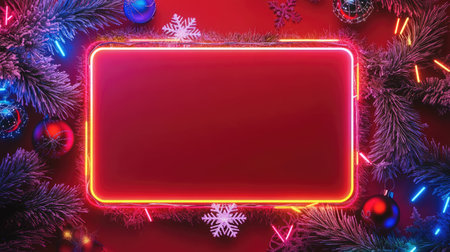 Christmas neon frame with snowflakes, baubles, garland and fir tree twigs on red background, copy space for textの素材