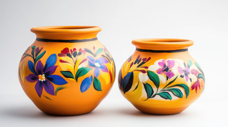Ceramic clay flower and plant pots with colourful floral ornaments in pottery studio isolated on white backgroundの素材