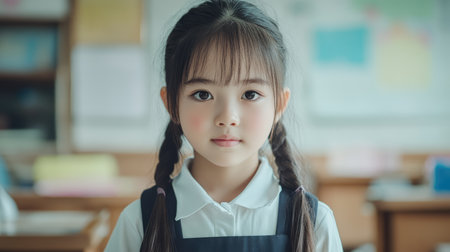 Little cute Asian schoolgirl wearing uniform in classroom looking into camera. Back to school conceptの素材