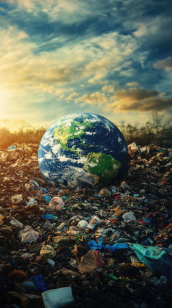 Earth globe in a landfill of plastic waste and garbage. Environmental pollution ecology conceptの素材