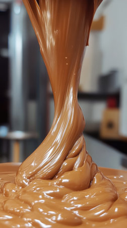 Pouring delicious hot milk chocolate. Close-up of melted sweet dessert for advertisementの素材