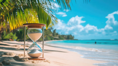 Hourglass on the tropical sandy beach with turquoise water and palm trees at the background.の素材