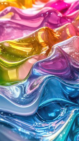 Colourful glossy holographic background. Blue, pink and orange texture with smooth flowing wavy pattern and light reflection effect.の素材