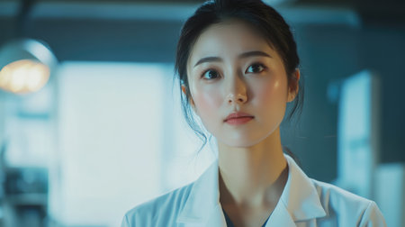 Young beautiful Asian female doctor wearing white lab coat in hospital. Medical professional nurse at work. Healthcare and medicine concept.の素材