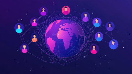 Global social media network connection, people icons on planet earth map. Internet technology and online data exchange.の素材
