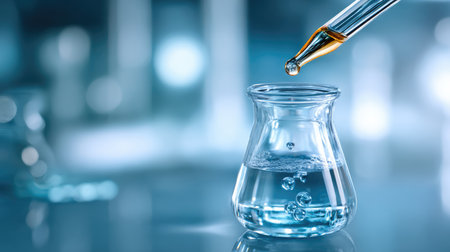 Glass lab dropper dispensing yellow liquid into a flask. Chemical or medical laboratory setting.の素材