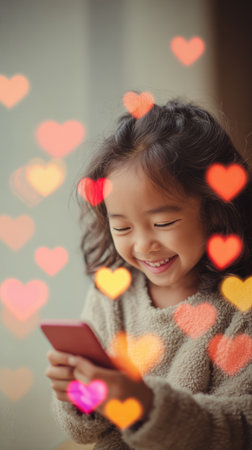 Little happy smiling cute asian girl looking at smartphone screen with colourful hearts floating around. Social media digital chat communication and notification icons concept.の素材