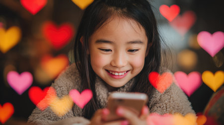 Happy smiling cute little Asian girl looking at smartphone screen with colourful hearts floating around. Social media digital chat communication and notification icons concept.の素材