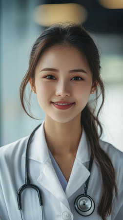 Young beautiful smiling Asian female nurse wearing white lab coat and a stethoscope in hospital. Medical professional nurse at work. Healthcare and medicine concept.の素材