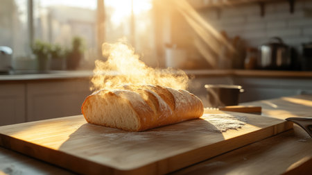 Freshly baked steaming wheat bread on wooden cutting board on table in the kitchen. Hot home bakery.の素材