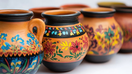 Ceramic clay flower and plant pots with colourful indigenous ornaments in pottery studio isolated on white background.の素材