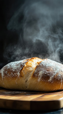Freshly baked steaming loaf of wheat bread on wooden cutting board on black background. Hot home bakery.の素材