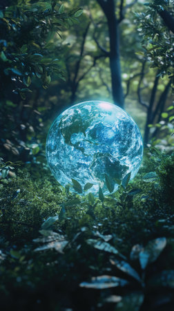Planet earth globe with green vegetation forest background. Environmental ecology issues, save the world concept.の素材
