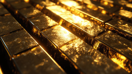 Rows of gold bars. Financial economy banking concept. Glittering shiny golden precious metal background.の素材