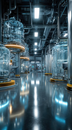Medical or pharmaceutical laboratory. Chemical factory, interior of a high-tech plant with tanks and pipes.の素材