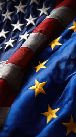 EU and USA flags vertical close-up image. International trade, political relations, diplomacy, cooperation and partnership concept.の素材