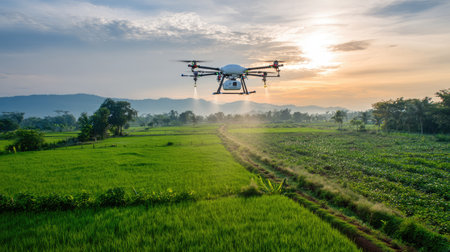 Drone over the green lush farmland field spraying crops. New technology used in agriculture.の素材