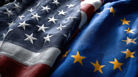 EU and USA flags close-up image. International trade, political relations, diplomacy, cooperation and partnership concept.の素材