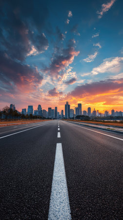 Empty asphalt road and downtown skyline at beautiful vibrant sunset with colourful clouds. City highway vertical shot.の素材