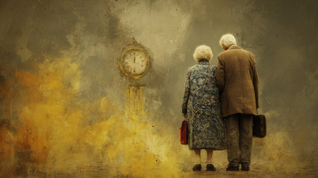 Old couple standing in front of ticking clock. Life end and time passing. Elderly man and woman at the end of their lifepath. Love, devotion and faithfulness conceptの素材