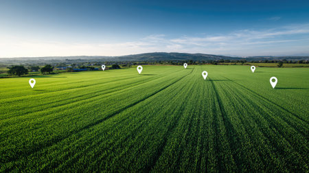 Agricultural land parcels in the green field with location markers, aerial view. Smart farming navigation technology concept.の素材