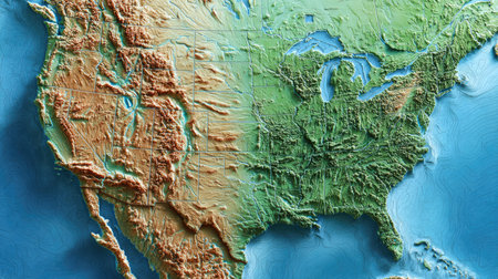 Topographic elevation map of the USA with state borders isolated on blue background for educational purposes. Mountains, rivers and geographical boundaries.の素材