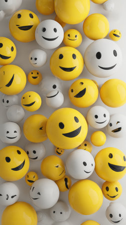 Cute funny yellow and white smile emojis. Cartoon smiley face emotion icons on white background.の素材
