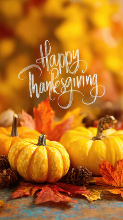 Happy Thanksgiving text on yellow background with pumpkins, pine cones and red autumn maple leaves. Vertical holiday card.の素材