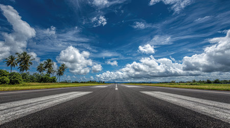 Wide open aerodrome runway under the blue sky with beautiful white clouds and palm trees. Tropical airport strip in summer.の素材